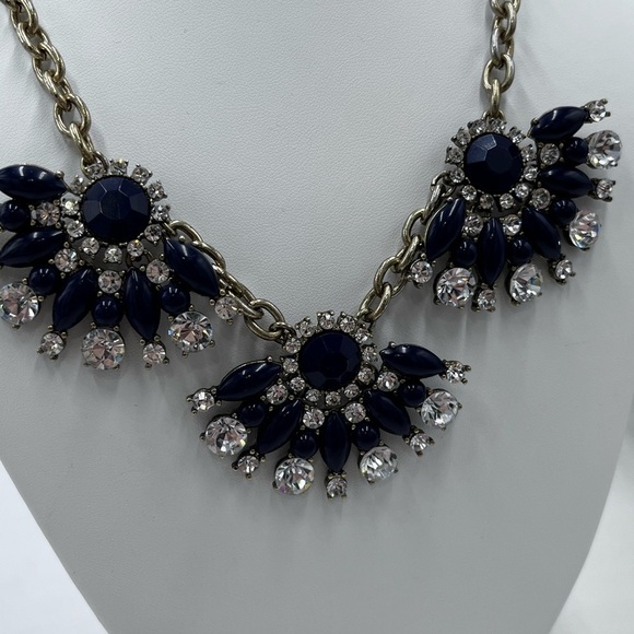 J. Crew Navy Blue and Clear Rhinestone Triple Fan Statement Bib Necklace - Picture 6 of 16